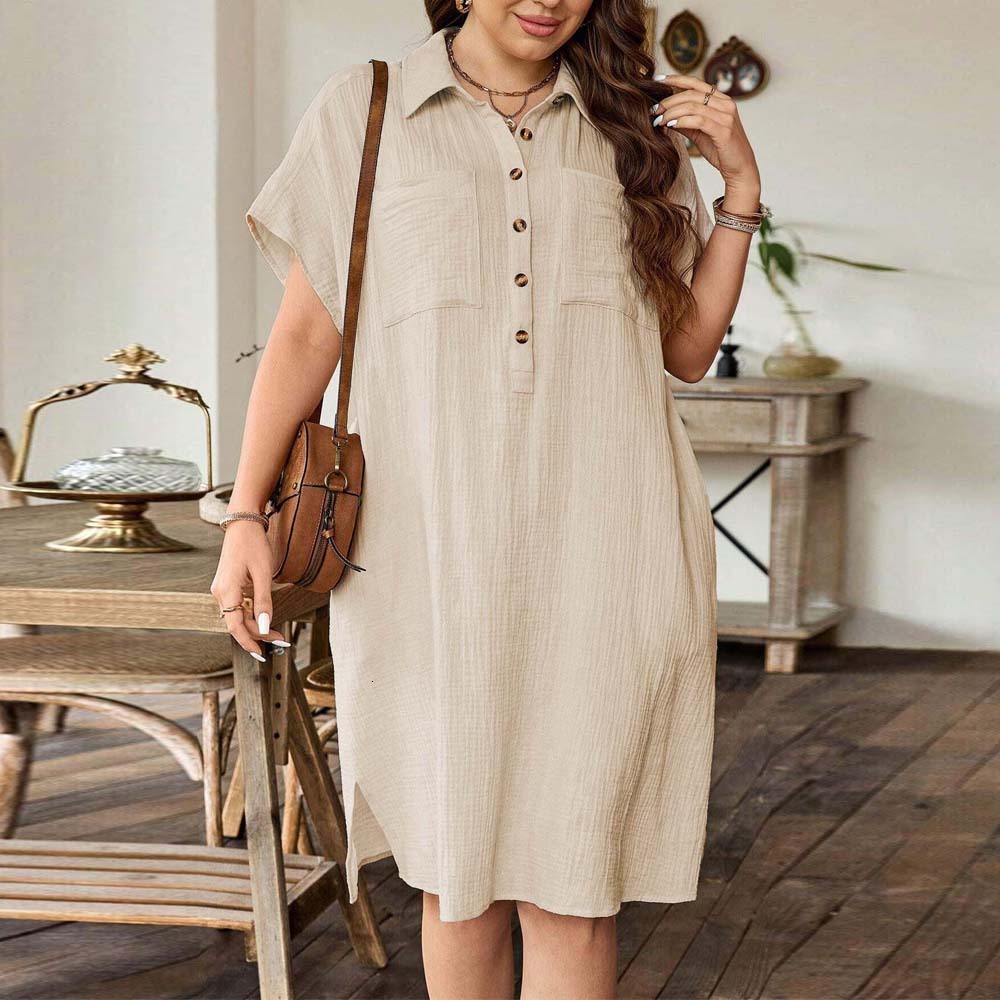 Summer New Large Womens Loose Casual Shirt Skirt with Collar and Short Sleeve Solid Color Dress