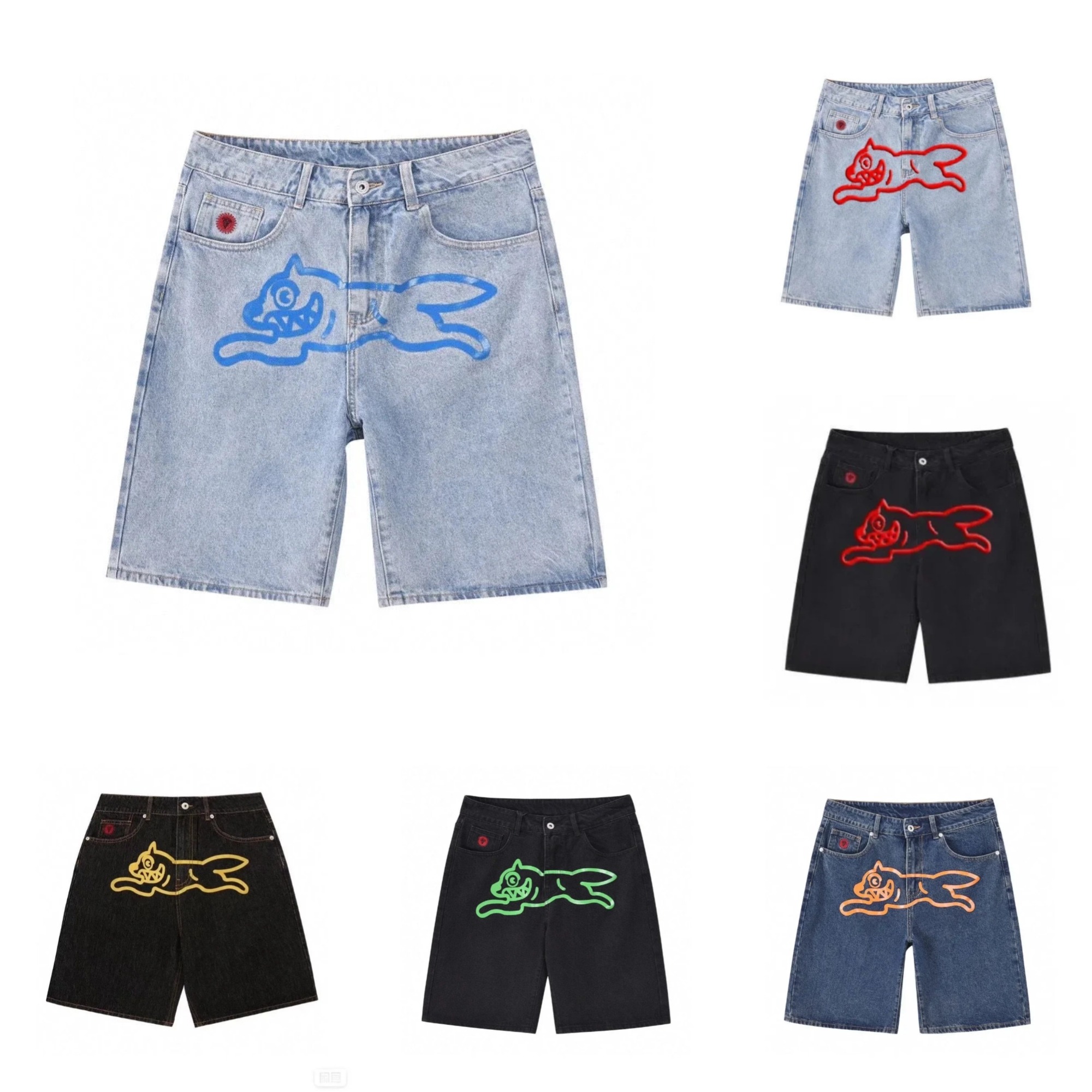 Men's Jeans Top Quality Icecream Men Trendy Elastic Edged Middle Pants Running Dog Embroidery Washed Denim Shorts Brands