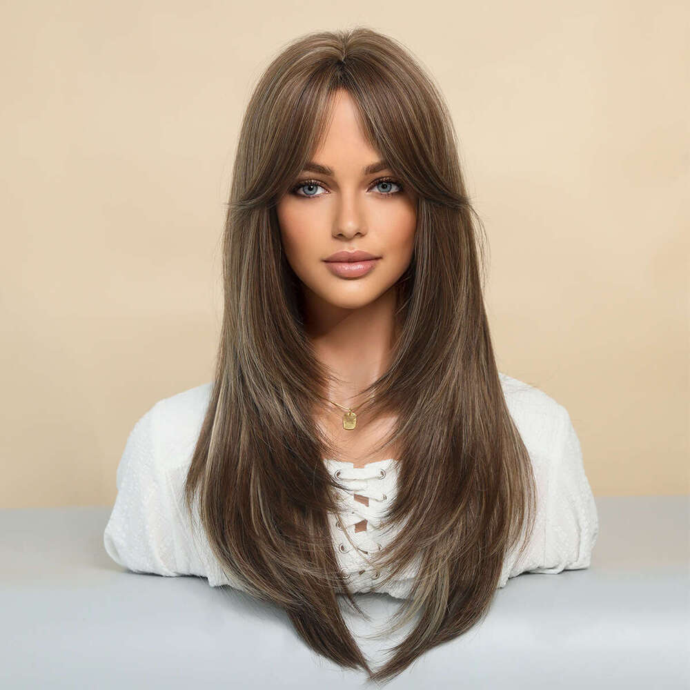 Women's Octagonal bangs wig, gradient long straight hair, full head set, high-quality natural layered wig