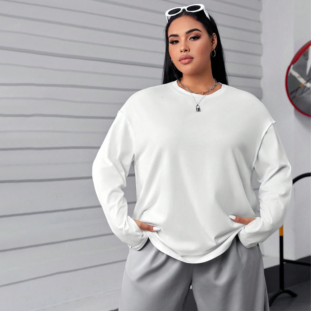 Plus Size Womens Round Neck Simple Style Hoodie for Autumn and Winter Loose and Slimming Comfortable Long Sleeved Top
