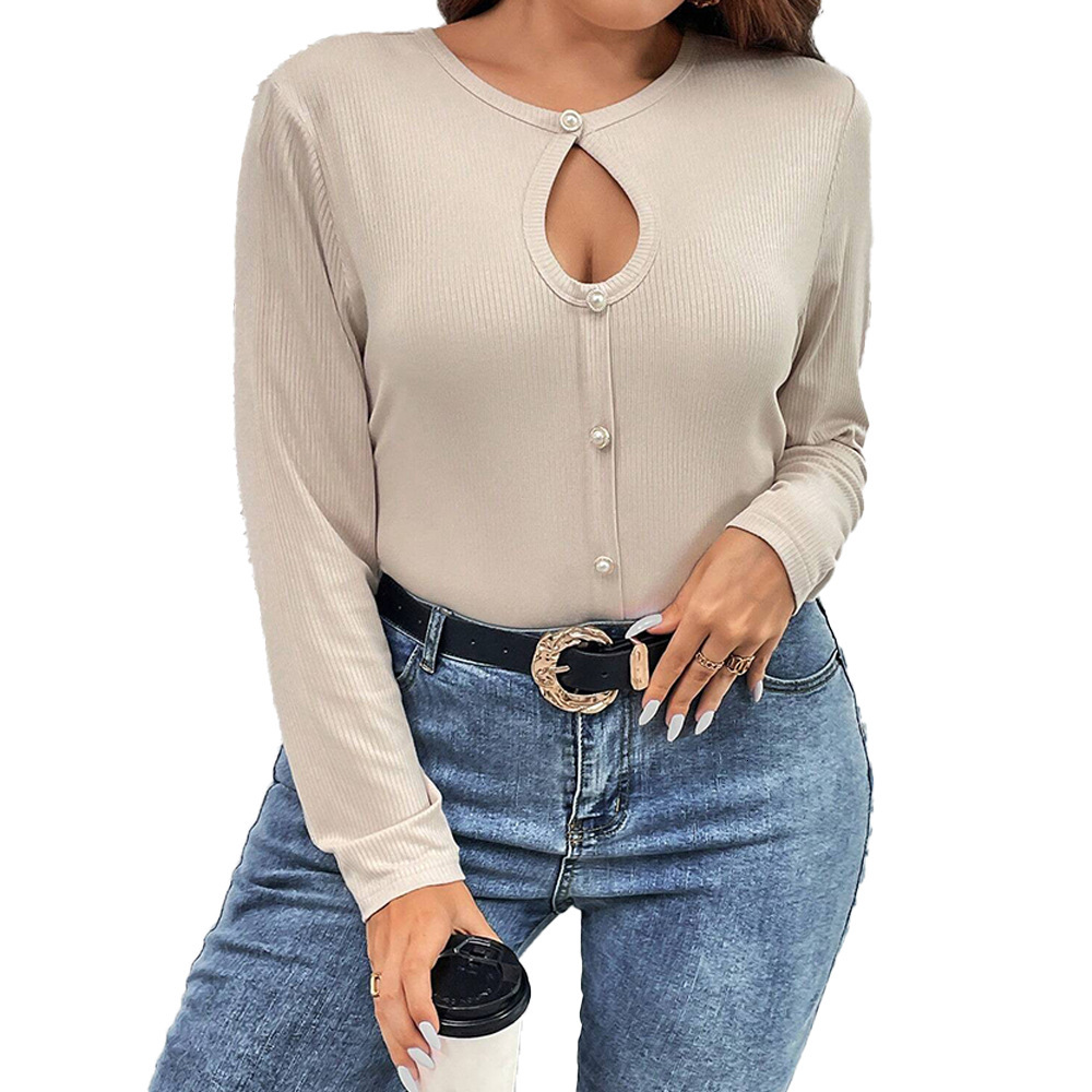 Large Size Womens Autumn and Winter New Sexy Hollow Slim Button Temperament Long Sleeved T-shirt Top