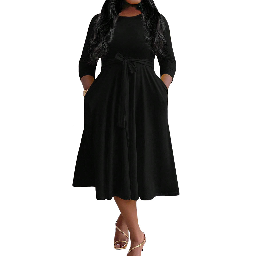 Plus Size Womens Round Neck Simple Style Dress for Autumn and Winter Fashion Reducing Age High Waist Strap Mid Length Skirt