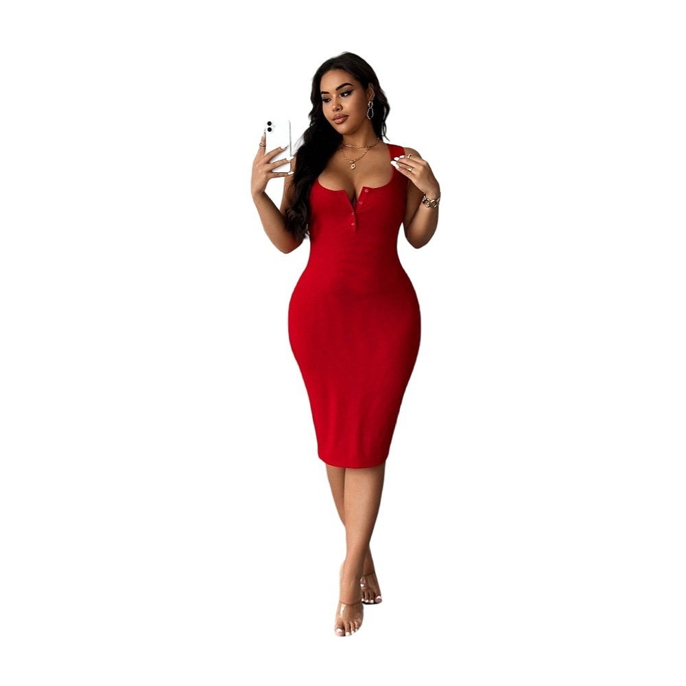Large Size Womens Sexy Big Red Suspender Dress Summer New High Waisted Hip Hugging Mid Length Skirt