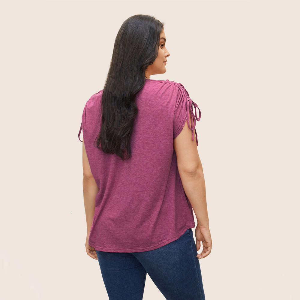 Plus Size Womens New Drawstring Vest V-neck Solid Color Casual Loose Short Sleeved T-shirt Top