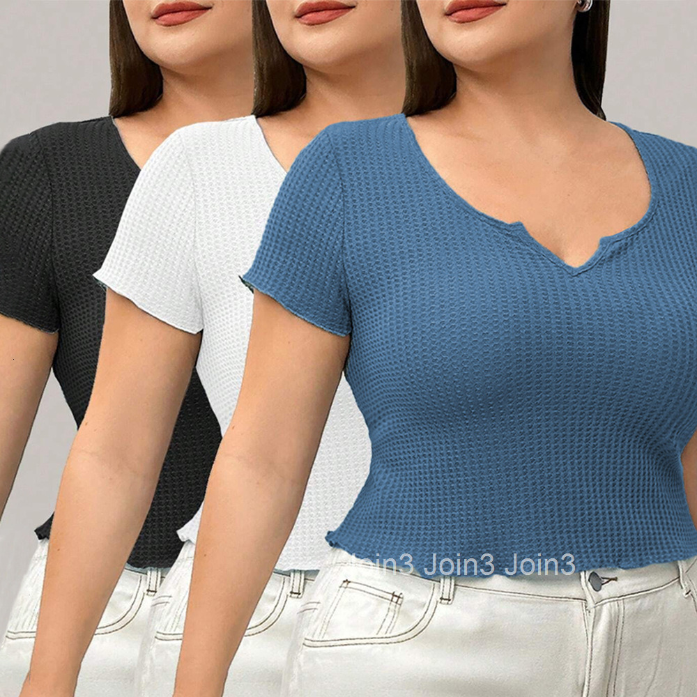 Plus Size Womens Waffle Breathable Slim Fit Temperament Solid Color T-shirt Top