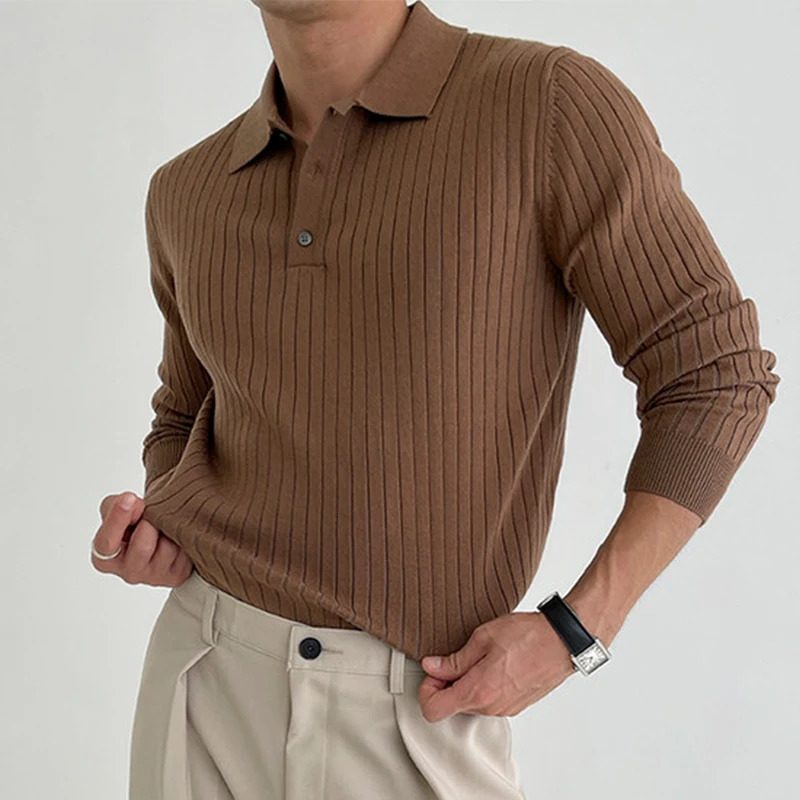 Mens Leisure Knit Polo Shirt Long Sleeve Button-down Premium Solid Color Pullover Knitwear Streetwear Clothing 250515