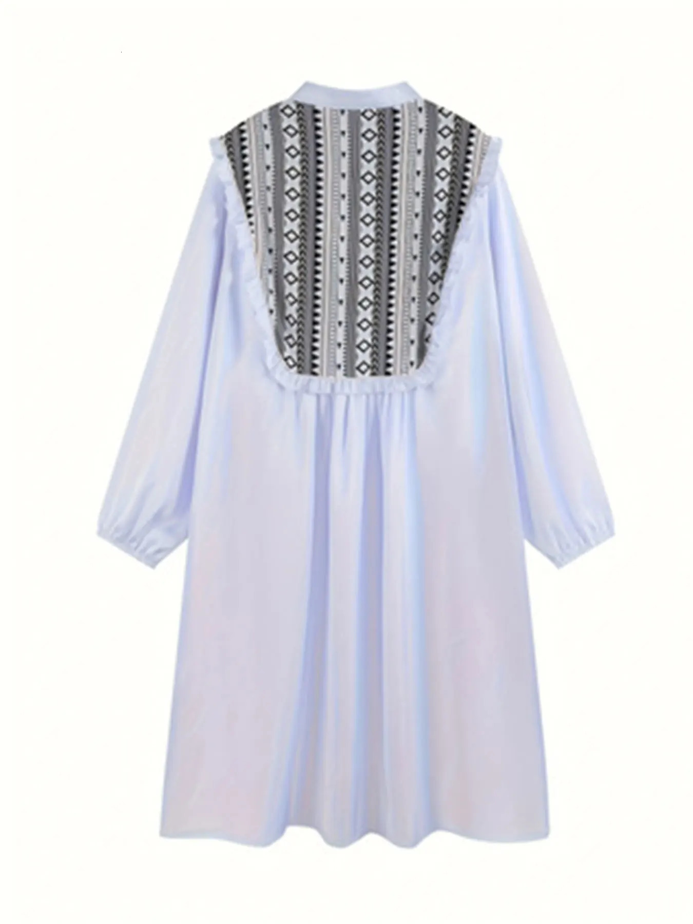 Plus size geometric pattern dress casual tie front plain collar long sleeved plus clothing 250506
