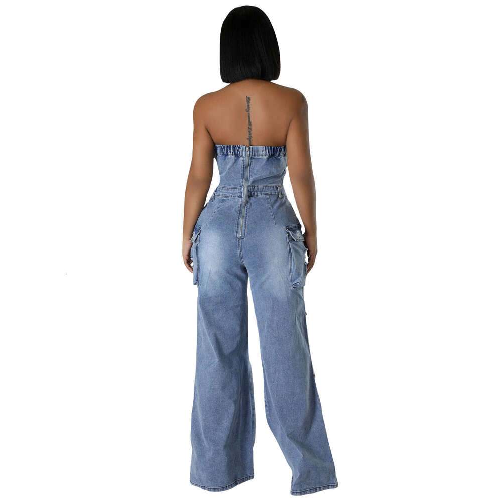Wide Leg Jumpsuit New Casual And Fashionable Strapless Women S Slim Fit Denim Jumpsuit Work Pants