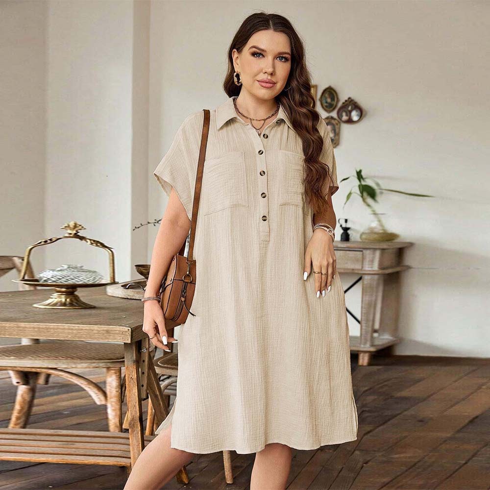 Summer New Large Womens Loose Casual Shirt Skirt with Collar and Short Sleeve Solid Color Dress