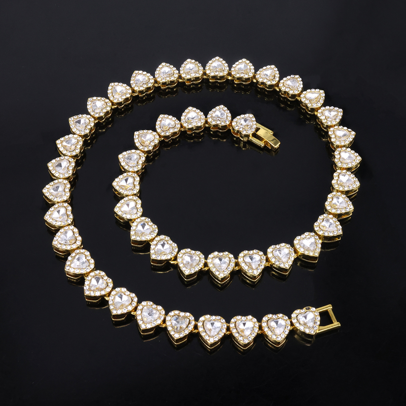 Trendy 11mm Heart Shaped Glass Crystal Rhinestone Cuban Necklace for Men, Hip Hop Jewelry, Stylish Cross-Border Wholesale Fashion Accessories