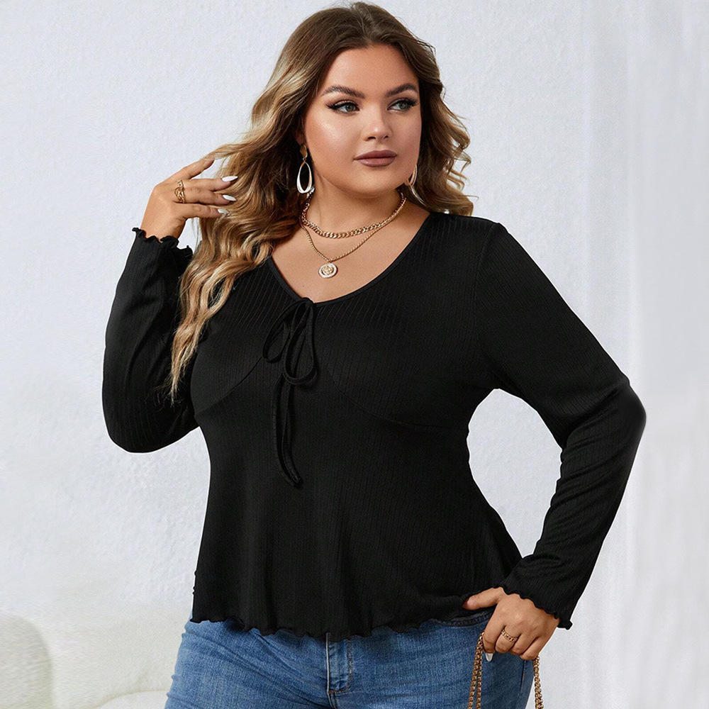 Oversized Womens Clothing Autumn and Winter New Item V-neck Waist Cinched Casual Knitted Solid Color Long Sleeved T-shirt Top