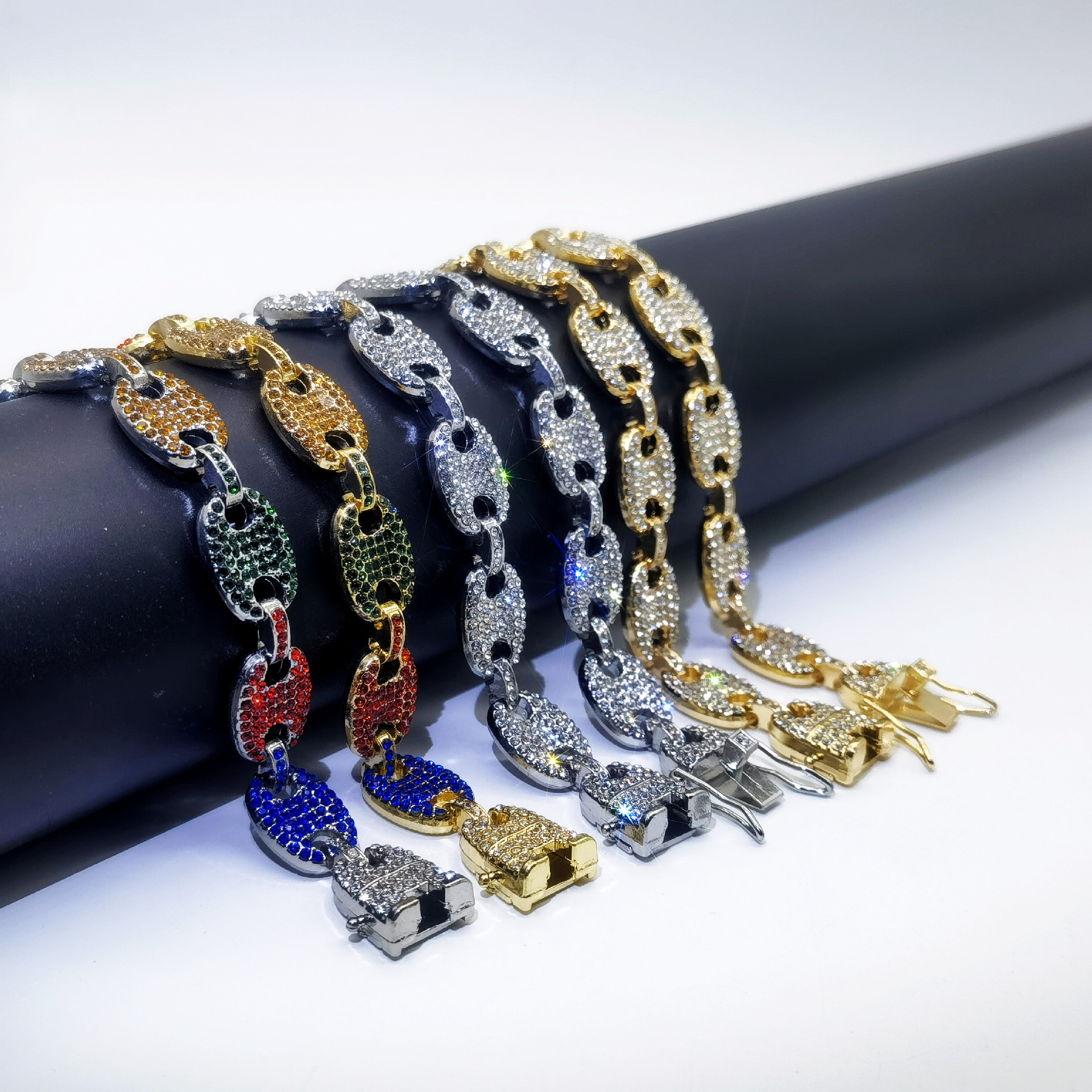 New Hip Hop Iced Out Coffee Bean Link Chain Necklace and Bracelet Set for Men Women Bling Jewelry with Buckle Lock Design Wholesale