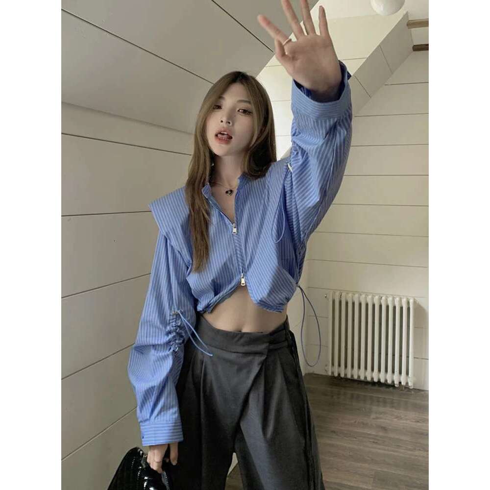 Zoki Sexy Cropped Striped Shirt Women Streetwear Long Sleeve Retro Blouse Korean Double Zipper Patchwork Design Female Short Top