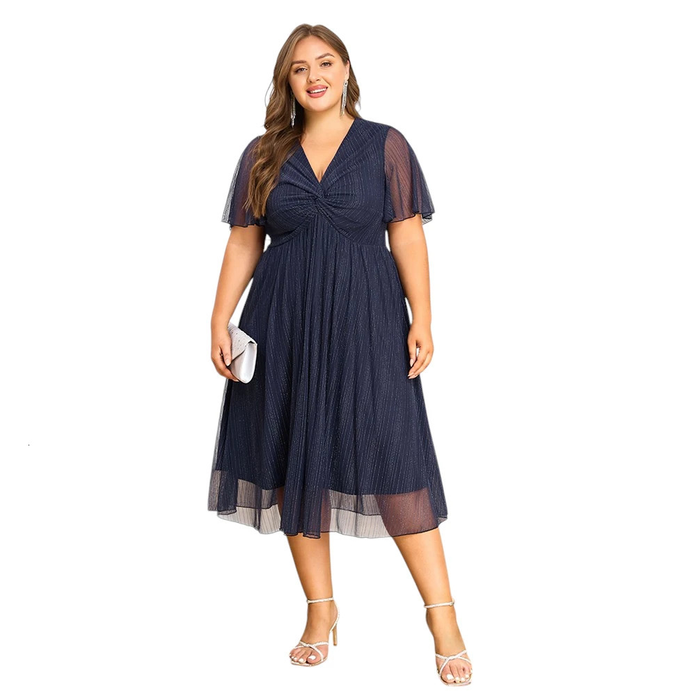 Plus Size Womens V-Neck Solid Dresses Elegant Evening Party Dress Prom Female Large Size Bridesmaid Dresses 2XL 3XL 4XL 5XL 6XL 250515