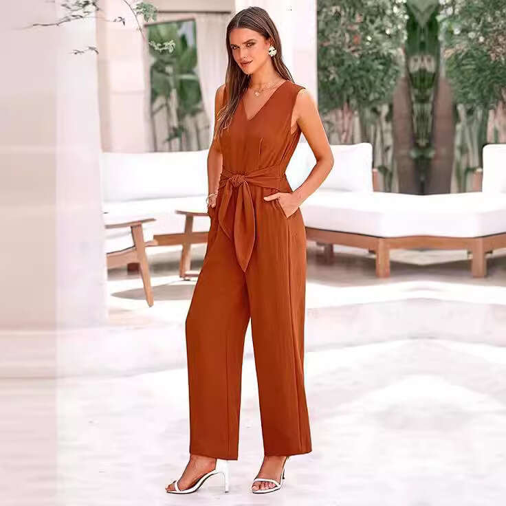 Wide Leg Jumpsuit Spring Summer Women S New V Neck Wide Leg Sleeveless Belt Jumpsuit For Women