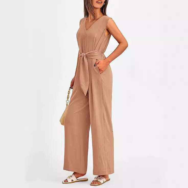 Wide Leg Jumpsuit Spring Summer Women S New V Neck Wide Leg Sleeveless Belt Jumpsuit For Women