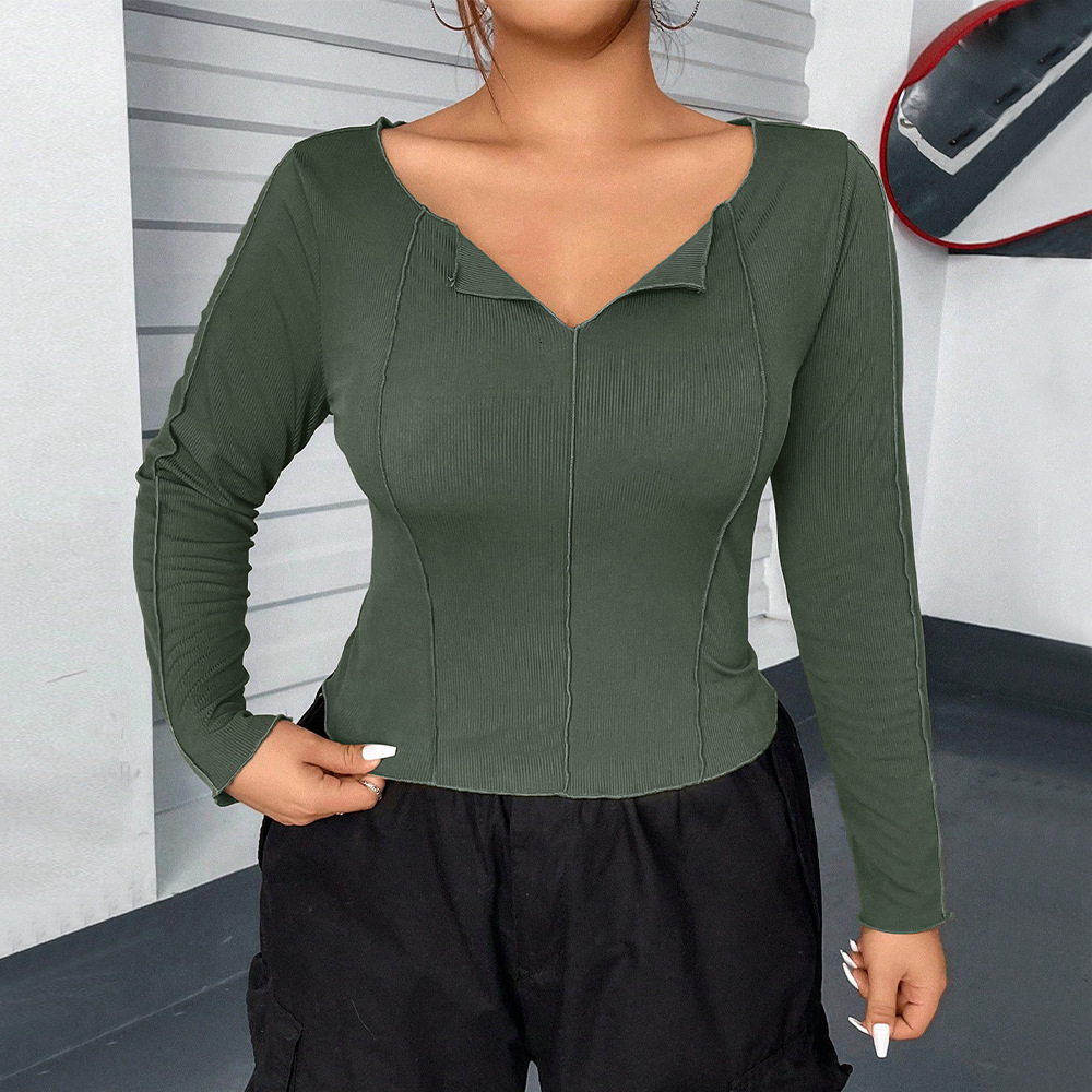 Large Size Womens Slim Fit Short Design with a Niche V-neck T-shirt Womens Long Sleeved Shirt with Inner Lining Top