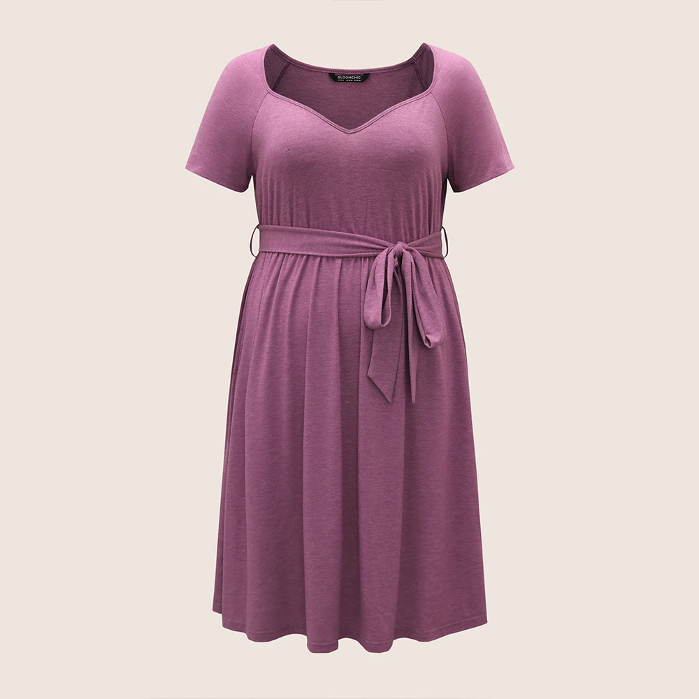 Large Size Womens New V-neck Waist Cinched Pocket Short Sleeved Long Skirt Casual Dress