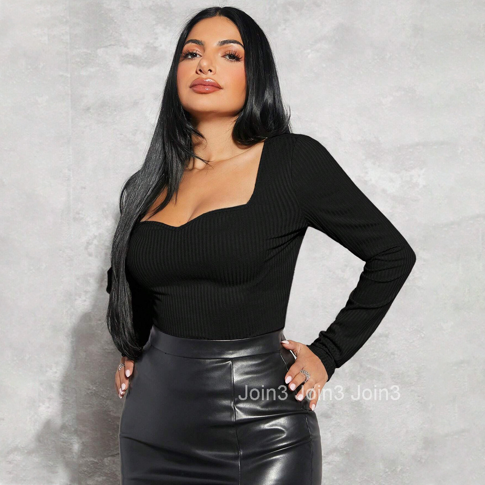 Plus Size Womens Simple Square Neck T-shirt Autumn and Winter Slim Fit and Slimming Bottom Top