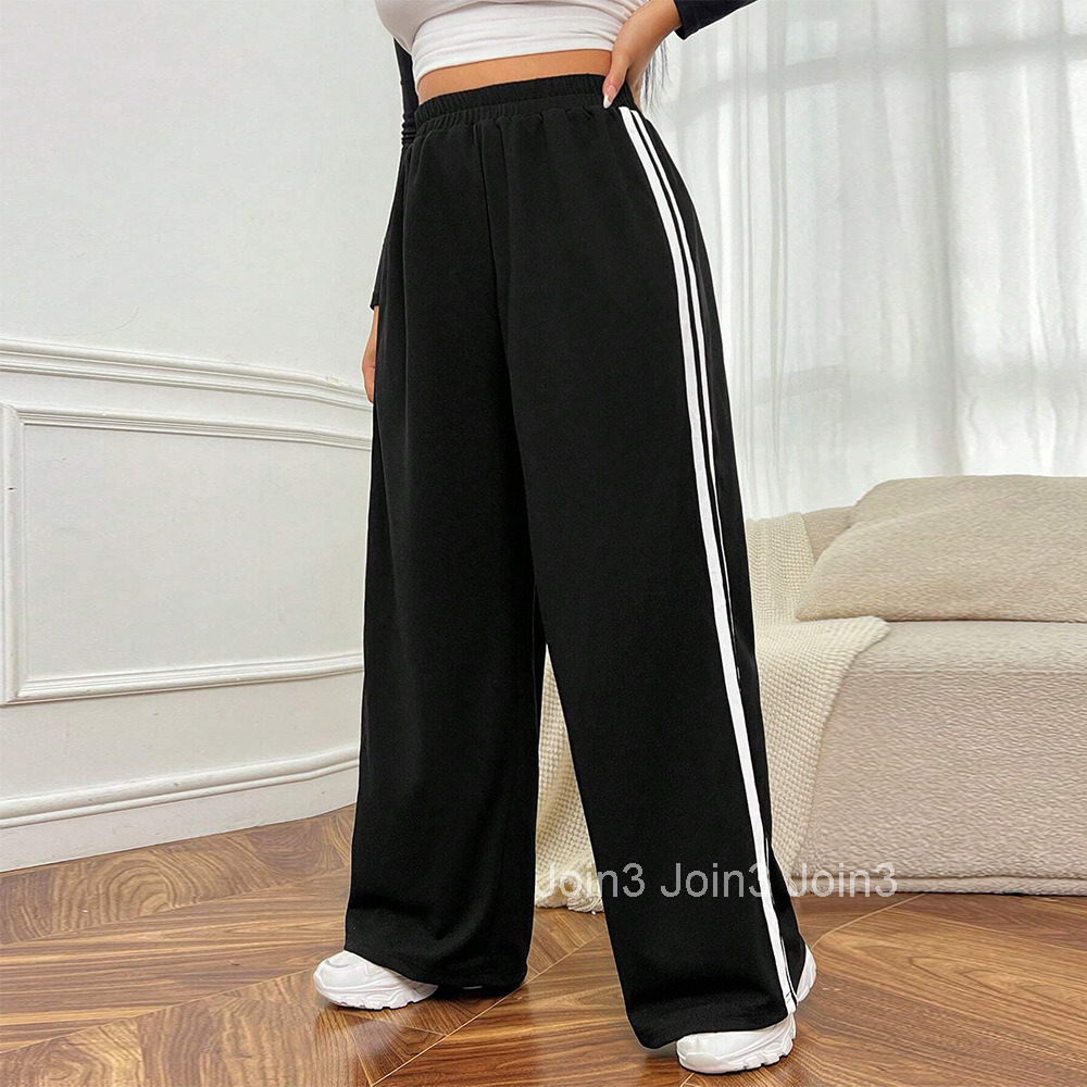 Large Size Womens Minimalist and Trendy Casual Pants for Autumn and Winter with Slim Legs and Contrasting Wide Legs