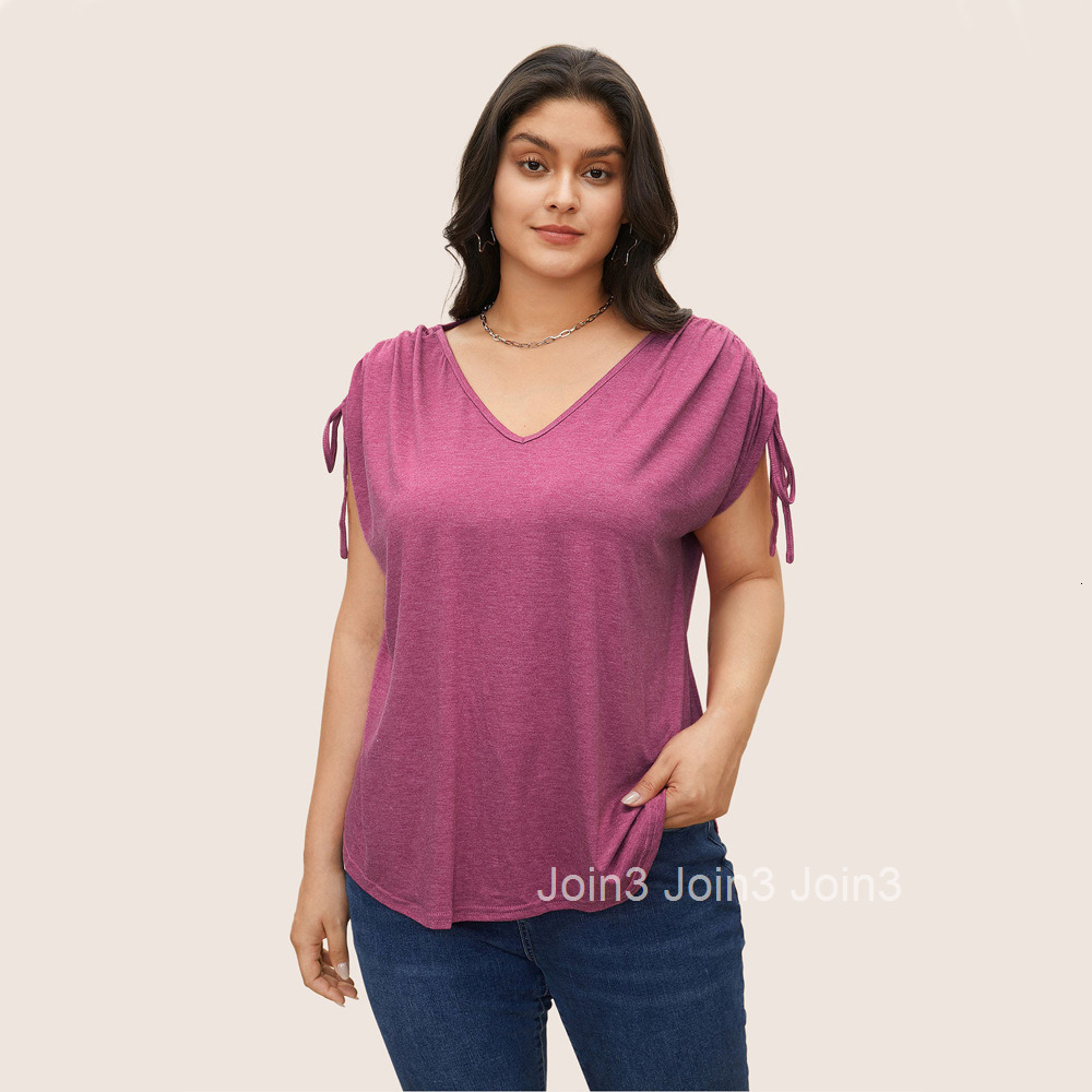 Plus Size Womens New Drawstring Vest V-neck Solid Color Casual Loose Short Sleeved T-shirt Top
