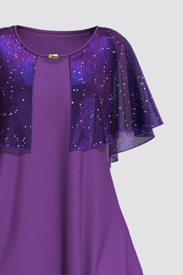 Plus Size Womens Fashion Sequin Decorative Shawl Crew Neck Chiffon Top Casual Short Sleeve Summer Clothing 2024 250514