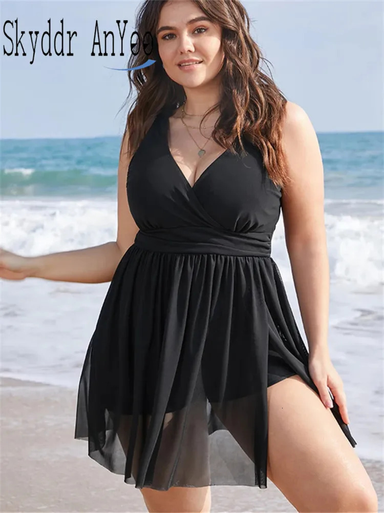 Womens Plus Size Swimsuit Stylish Swimwear One Piece Tankini V-Neck Split Hem Swim Dress Large Size Bodysuit Beach Wear 250515