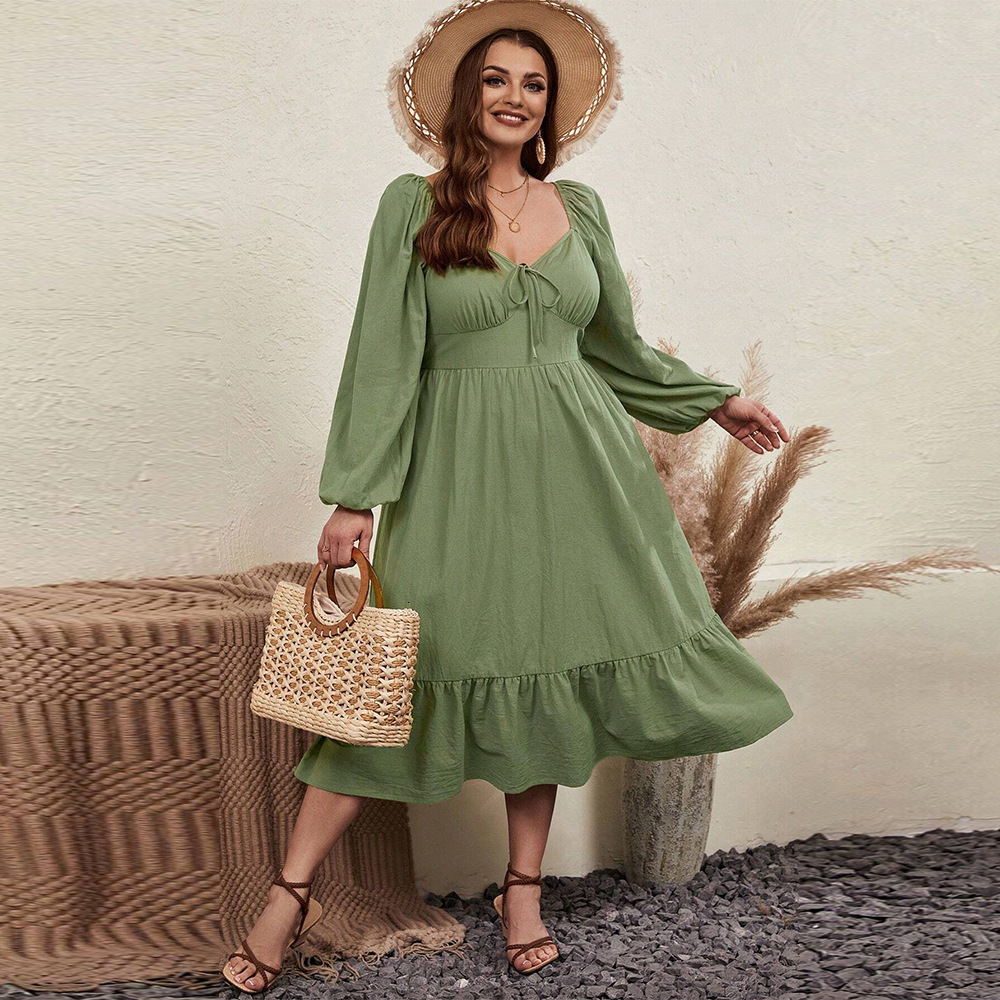 Large Size Womens Waist Cinched Hemline Heart-shaped Collar Bubble Sleeves Rustic Style Long Sleeved Dress