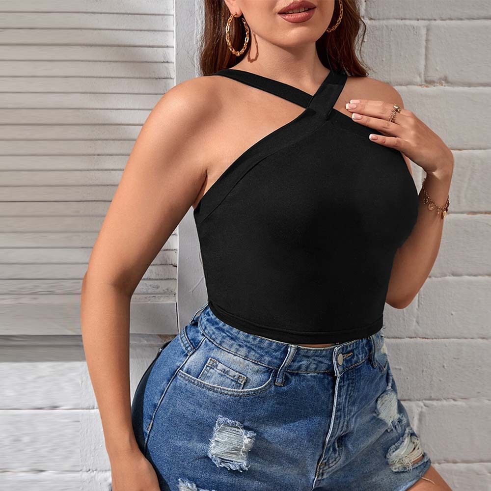 Plus Size Womens Instagram Sexy Tank Top Summer New Slim Fit Short Hanging Neck Top