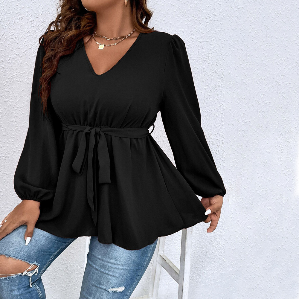 Plus Size Womens V-neck Lantern Sleeve T-shirt with Autumn and Winter Temperament Elegant Slim Fit Top