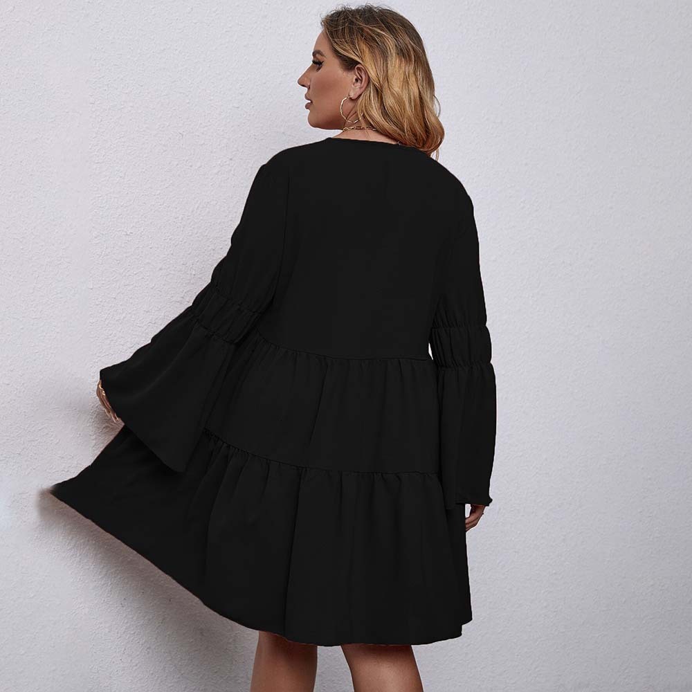 Plus Size Womens Elegant and Sweet Style Dress Autumn and Winter V-neck Loose Slimming Mid Length Skirt