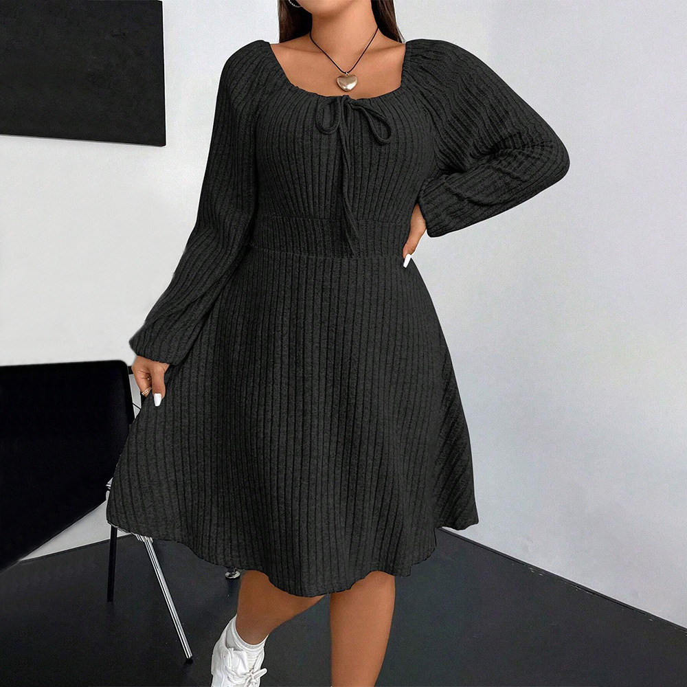 Autumn and Winter New Plus Size Womens Square Neck Long Sleeved Waist Cinched Mini Fleece Pit Stripe Dress