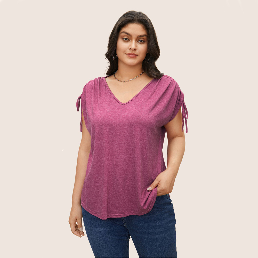 Plus Size Womens New Drawstring Vest V-neck Solid Color Casual Loose Short Sleeved T-shirt Top