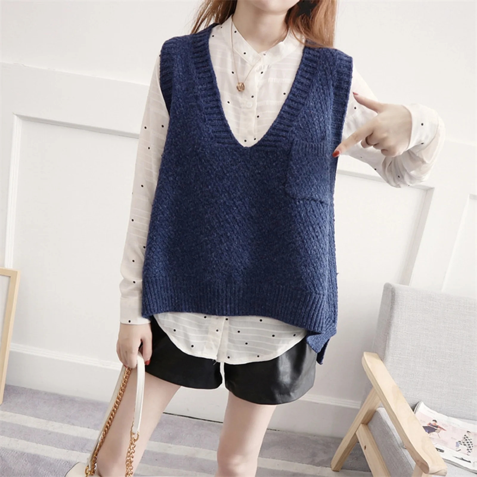 VNeck Knitted Vest Womens Korean Version Pullover Sweater ALine Sleeveless Shoulder Jacket Trend 250506