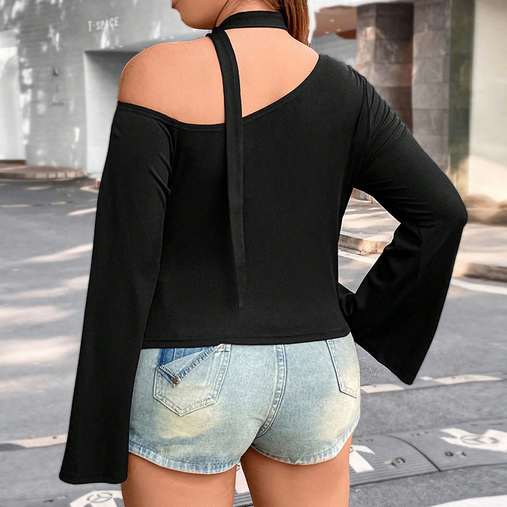 Large Size Womens Clothing Autumn and Winter Design Sense Irregular Long Sleeved T-shirt Short Fit Off Shoulder Top