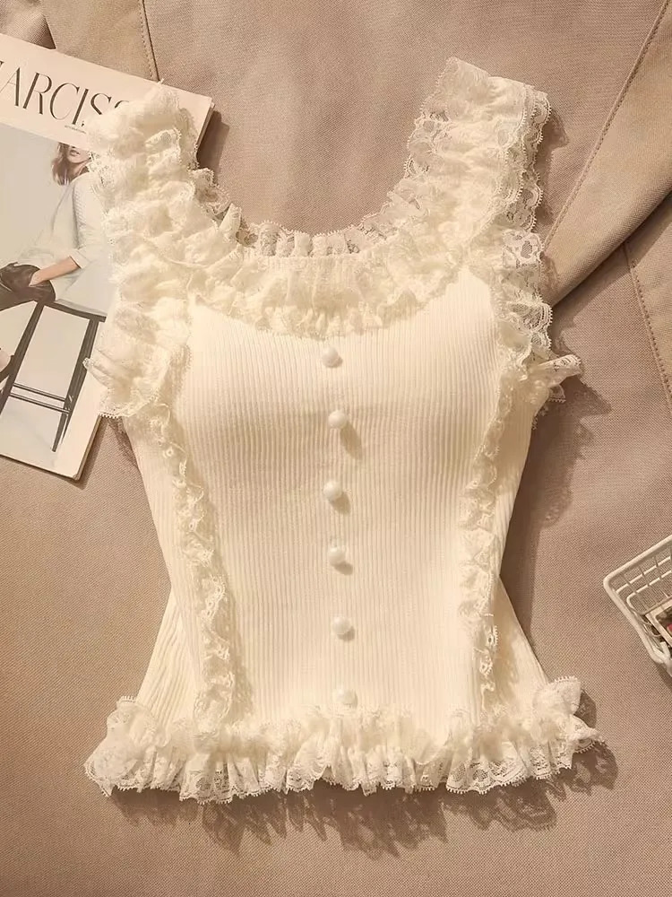 Korean Lace Patchwork Crop Top Women UNeck Knitted Stretch Tank 2025 Summer Female White Cami 250506