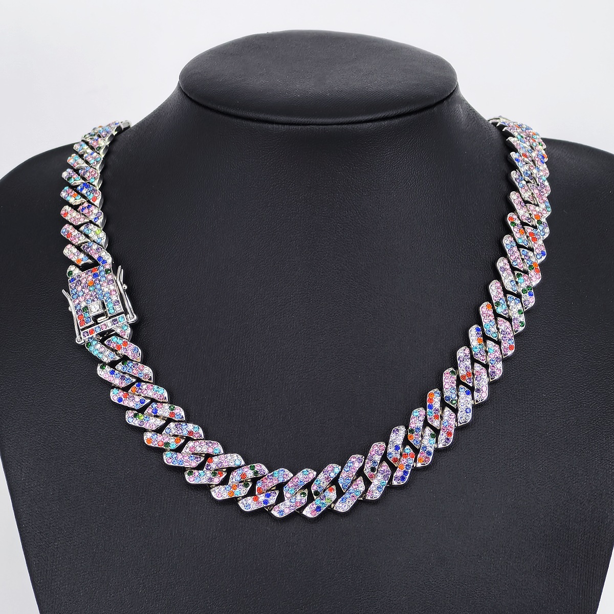 Charming Male Jewelry Accessory: Polished Rhodium Plated Chunky Curb Band Featuring Vibrant Semi Precious Beads