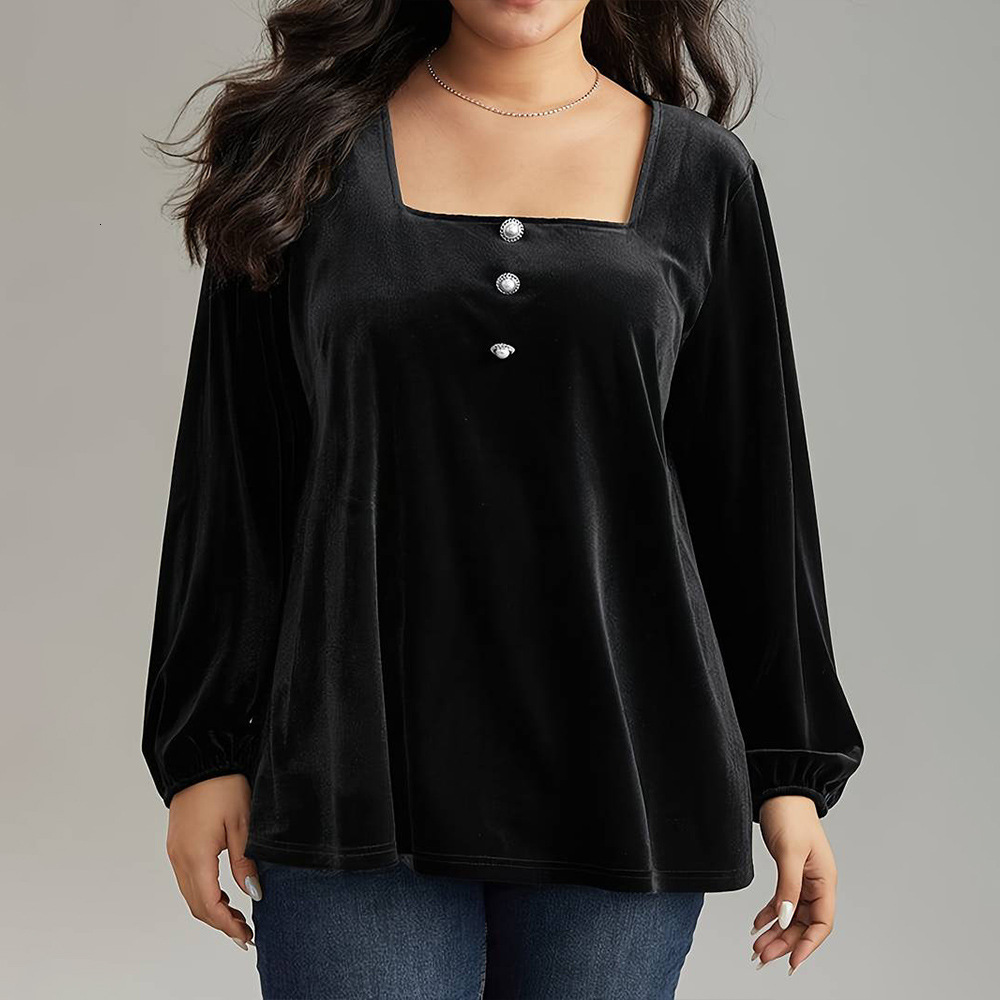 Large Size Womens Elegant Velvet T-shirt Autumn and Winter Square Neck Long Sleeved Fashionable Loose Solid Color Top