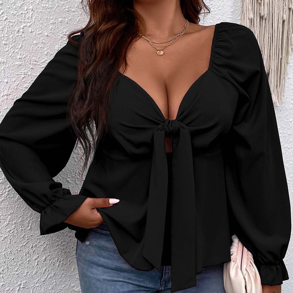 Plus Size Womens French Style Small Fragrance V-neck T-shirt Autumn and Winter Lantern Sleeves Design Sense Slimming Top