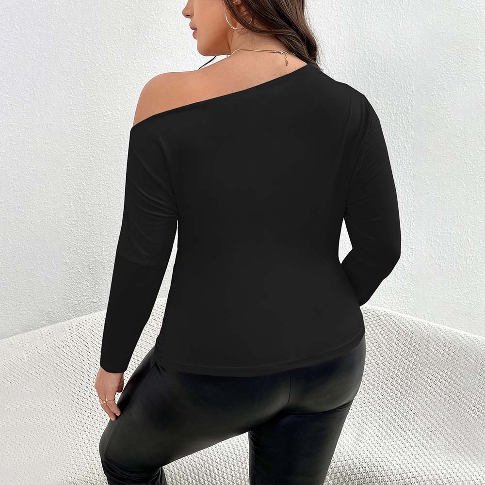 Large Size Womens Fashion Style T-shirt for Autumn and Winter One Cut Collar Fashionable Temperament Top