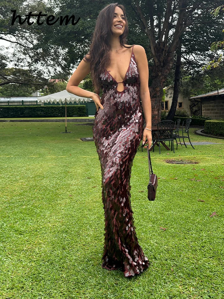 Sexy Hollow Out Sequined Long Party Dress Women V-neck Sleeveless Backless Sling Dresses 2025 Summer Lady Beach Holiday Robes 250515