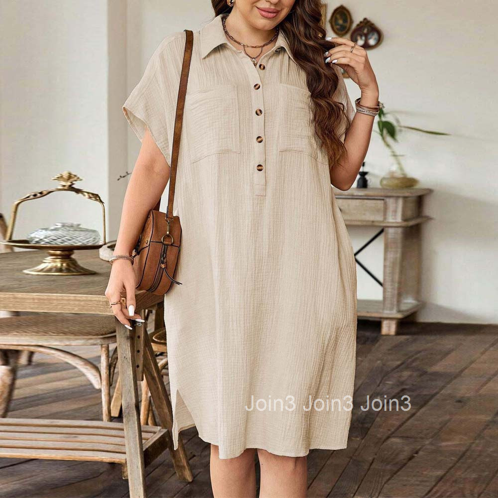 Summer New Large Womens Loose Casual Shirt Skirt with Collar and Short Sleeve Solid Color Dress