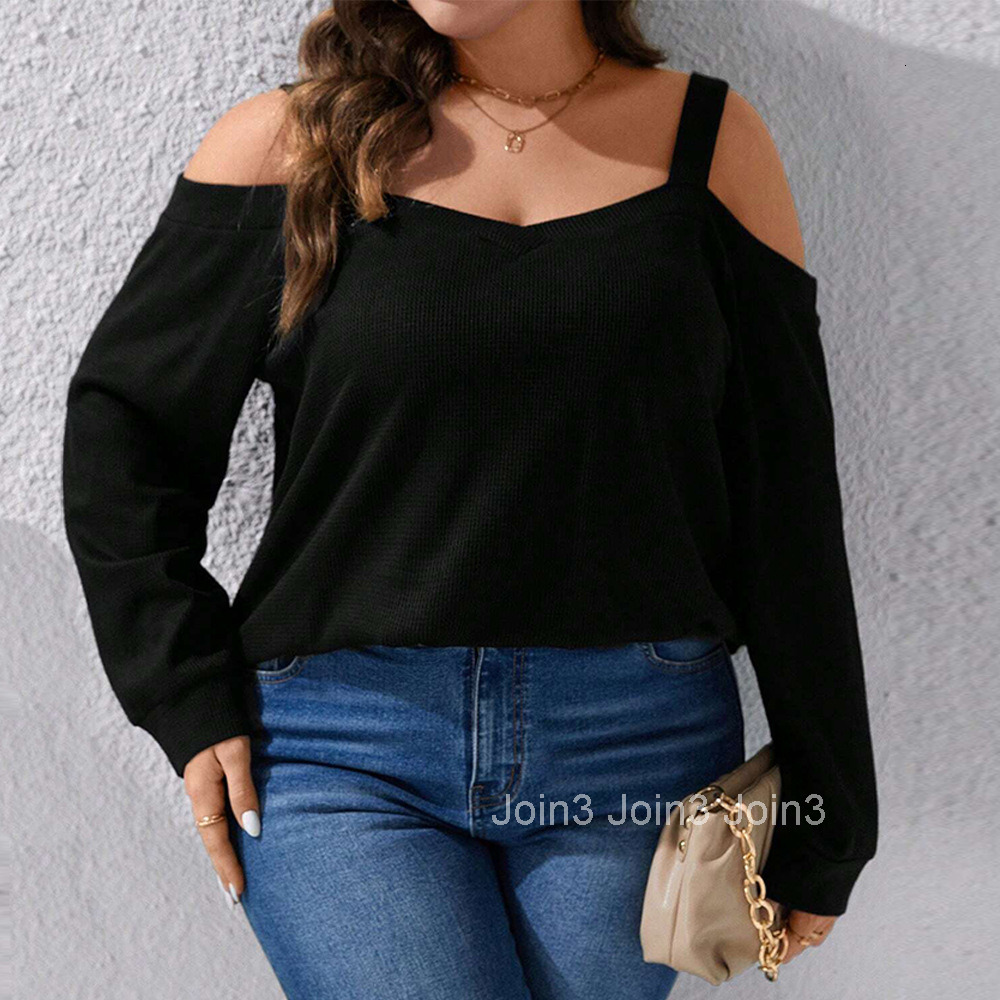 Large Size Womens Autumn and Winter New Sexy Off Shoulder Loose Casual Waffle Long Sleeved T-shirt