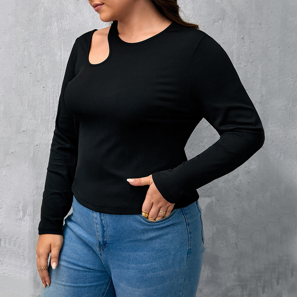 Large Size Womens Black Threaded Knitted Sweater with Round Neck and Long Sleeved Base Slim Fit with Hollowed Out Top Inside