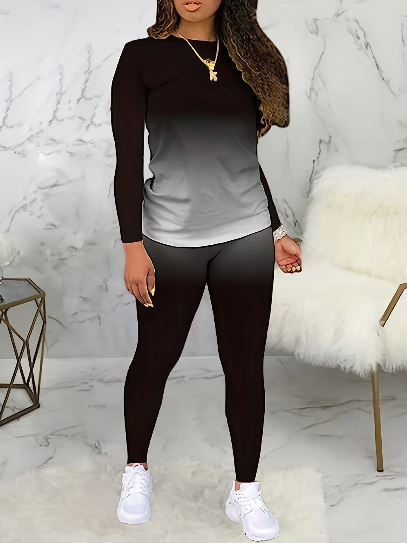 Europe and the United States plus size spring autumn round neck gradient long sleeve trouser set 250513Z