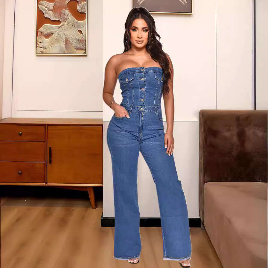 Wide Leg Jumpsuit Women S New Strapless One Shoulder Slim Fit Micro Flared Jumpsuit Jeans
