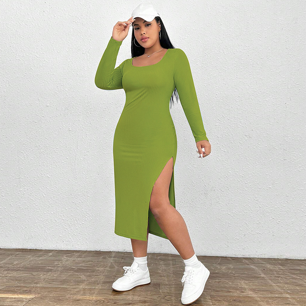 Large Size Womens Autumn and Winter New Slim Fit Bag Hip Slit Square Neck Knitted Long Sleeved Dress