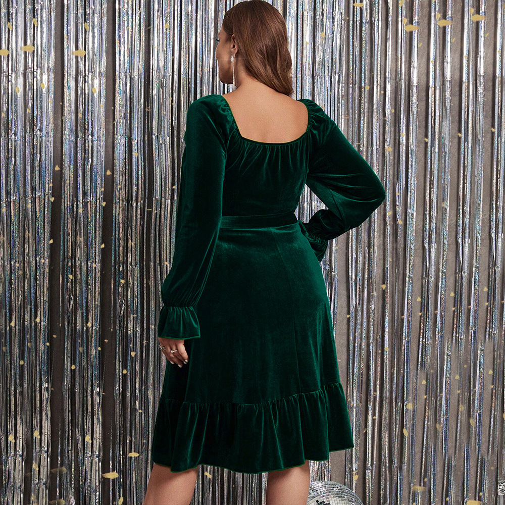 Large Size Womens French Elegant Dress Autumn and Winter Square Collar Flared Sleeves Waist Strap Mid Length Skirt