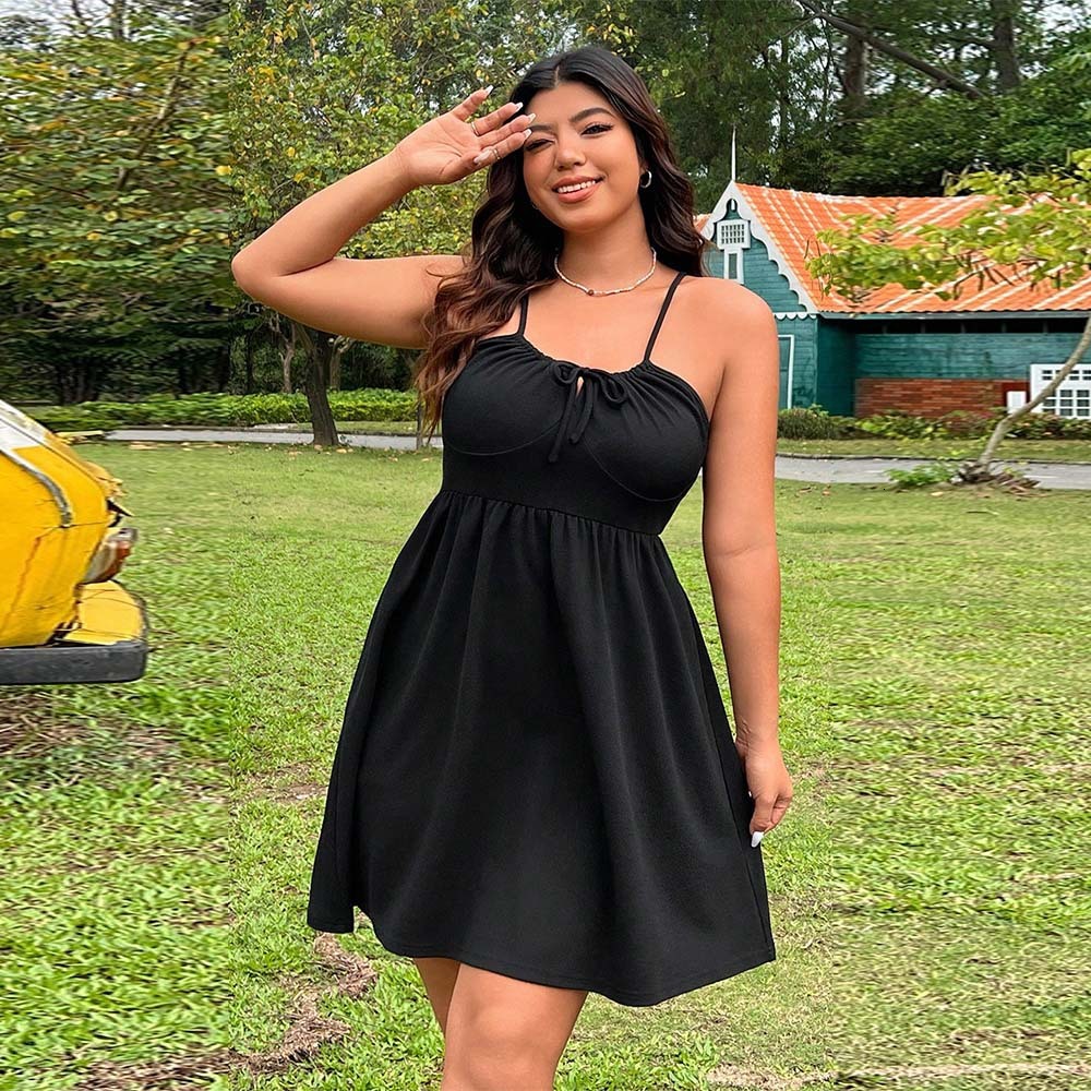 Large Size Womens Sexy Style Camisole Dress Summer New Style Pleated Lace Up A-line Skirt