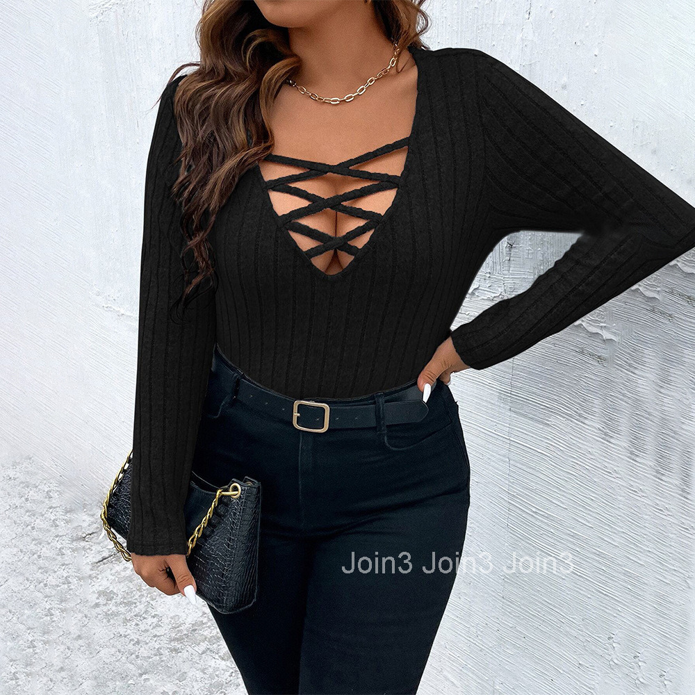 Oversized Womens V-neck Hollowed Out Sexy T-shirt for Autumn and Winter Slim Fit and Slimming with Long Sleeved Solid Color Top Inside